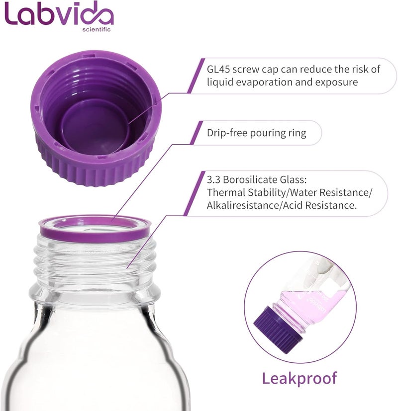 Labvida 4 pcs of 250ml Round Media Storage Bottles, with GL45 Screw Cap in Purple, 3.3 Borosilicate Reagent Bottles for Labs, Schools and Home Use Glass Bottles, LVAD003 - Image 4